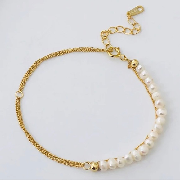 18k Gold Plated 925 Sterling Silver Double Chain Freshwater Pearl Bracelet - Picture 3 of 4